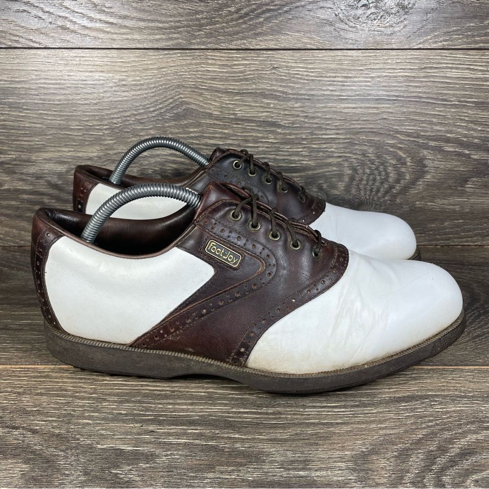 FootJoy Men's Size 10 DryJoys Turf Masters White Brown Soft Spike Golf Shoes